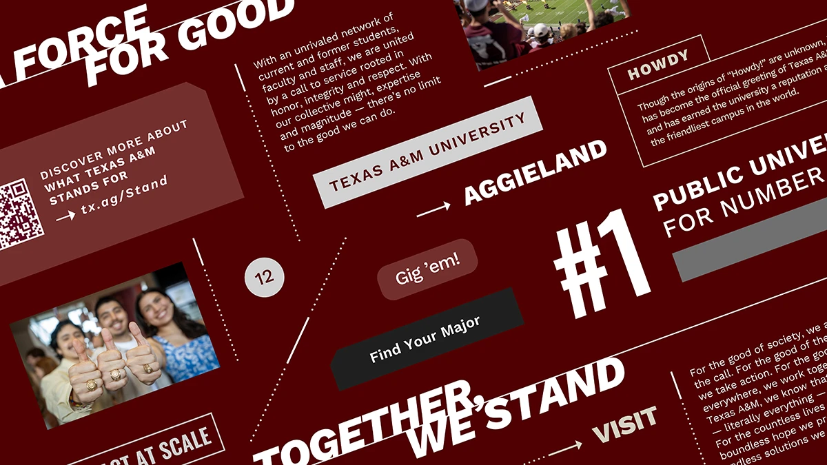 Collage of various design elements over a maroon background